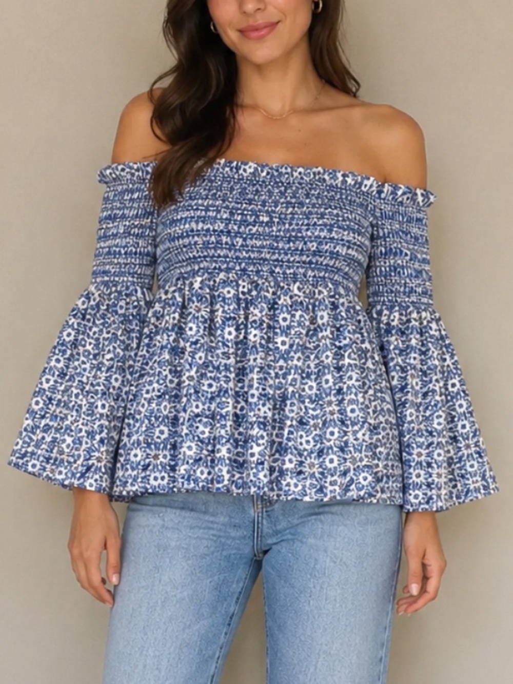 Petersyn Blue Floral Smocked Davenport Top (S)
